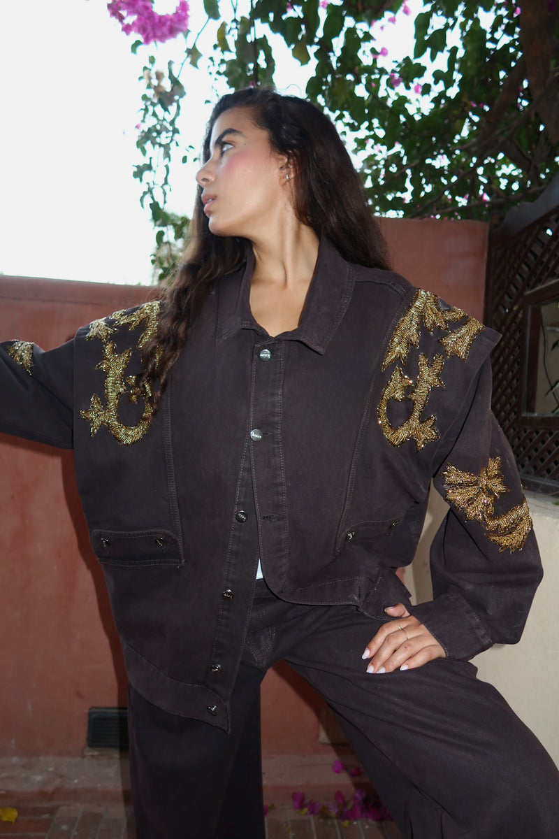 Embellished Denim Piece Jacket In Brown