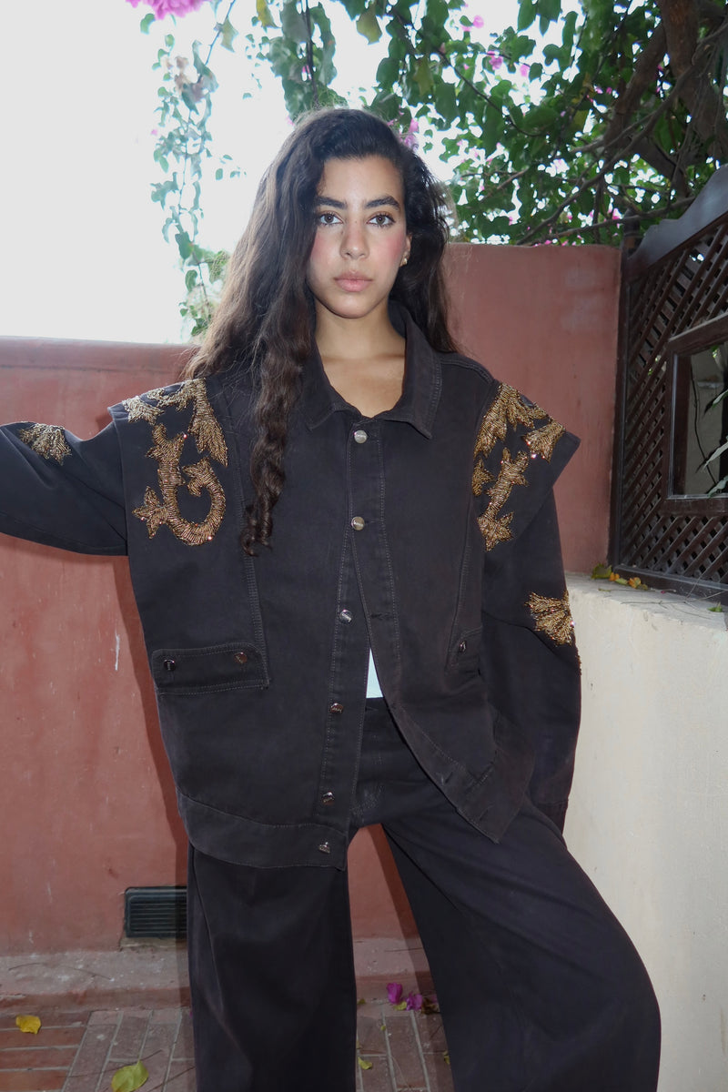 Embellished Denim Piece Jacket In Brown