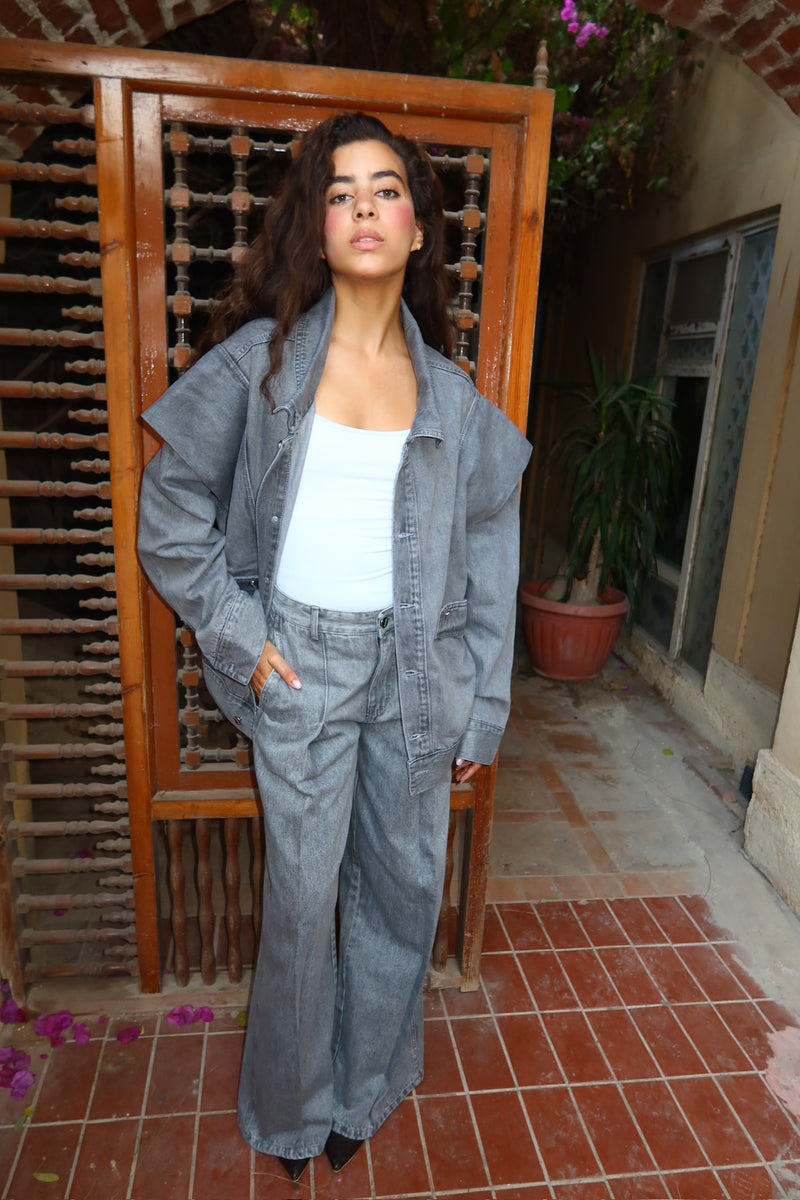 Unembellished Denim Piece set in Gray