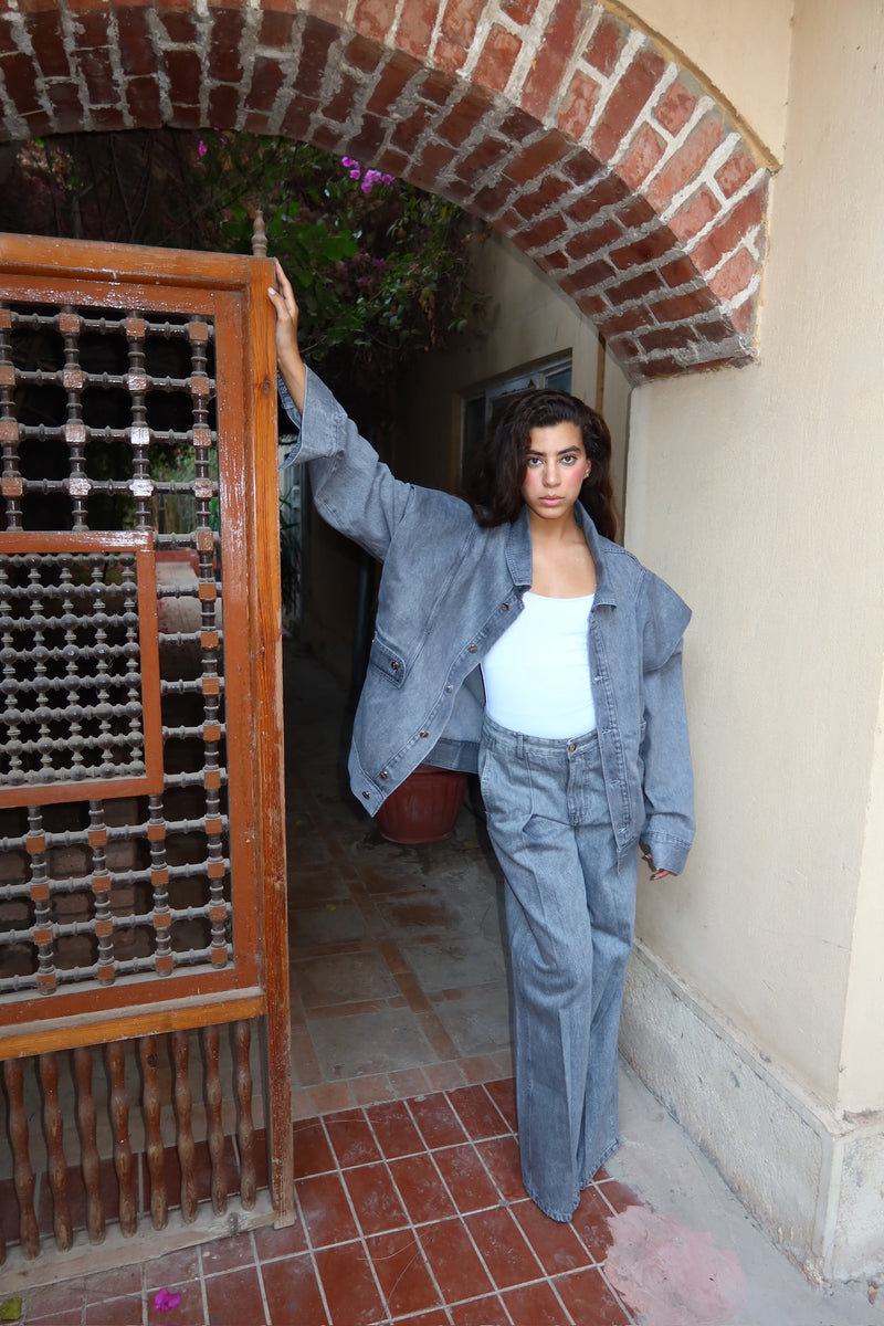 Unembellished Denim Piece set in Gray