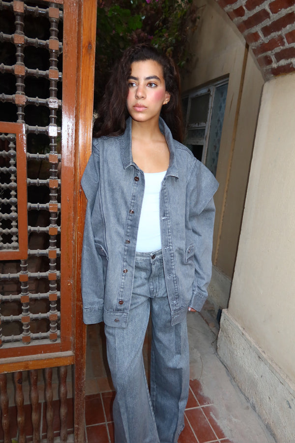 Unembellished Denim Piece Jacket in Gray