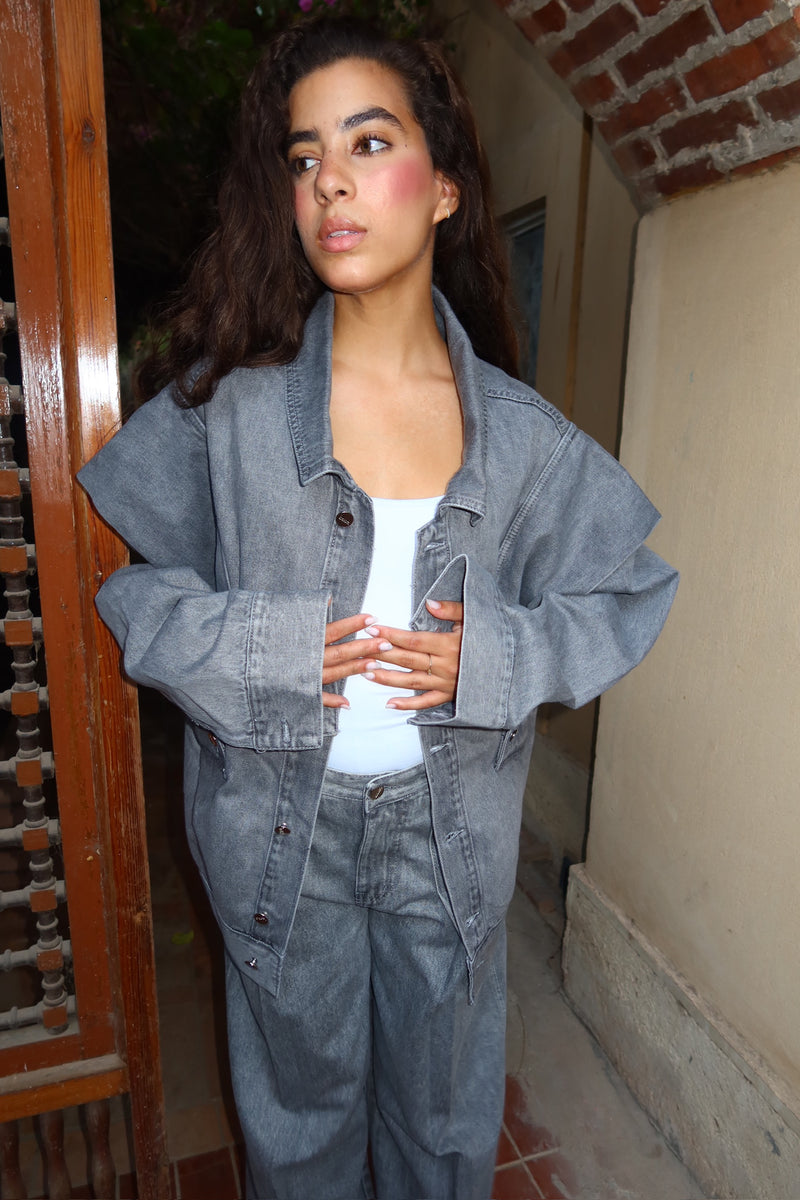 Unembellished Denim Piece Jacket in Gray