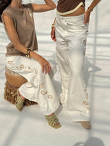 White Paisley Embroidered Wide Leg Jeans