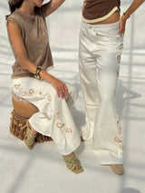 White Paisley Embroidered Wide Leg Jeans