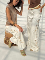 White Paisley Embroidered Wide Leg Jeans