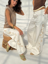 White Paisley Embroidered Wide Leg Jeans