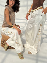 White Paisley Embroidered Wide Leg Jeans