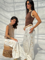 White Paisley Embroidered Wide Leg Jeans