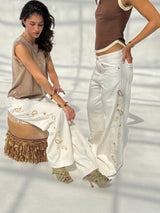 White Paisley Embroidered Wide Leg Jeans