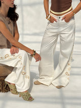 White Paisley Embroidered Wide Leg Jeans
