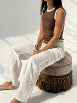 White Paisley Embroidered Wide Leg Jeans