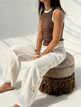 White Paisley Embroidered Wide Leg Jeans