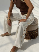 White Paisley Embroidered Wide Leg Jeans