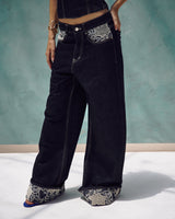Paisley Cuff Wide-Leg Jeans