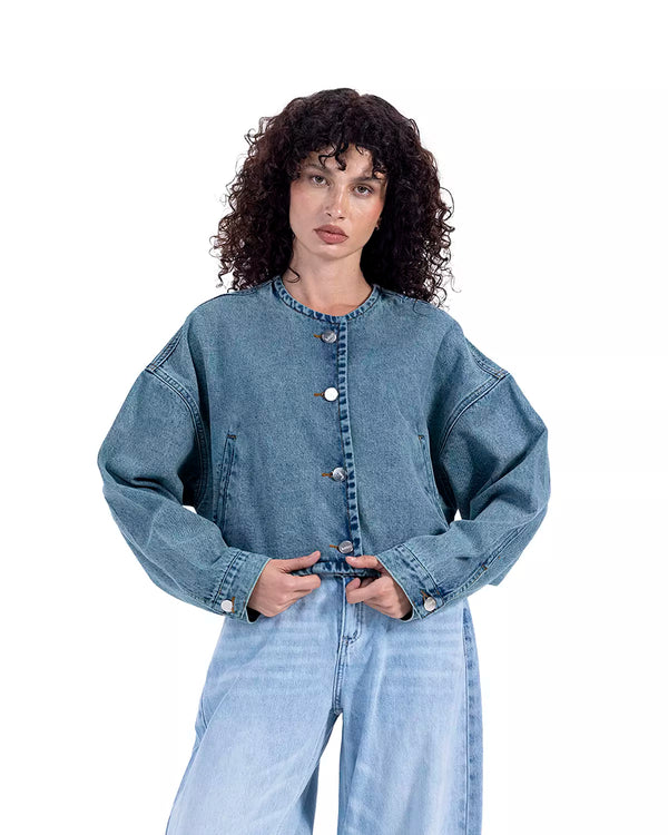 Cropped Bomber Denim Jacket In Sky Blue