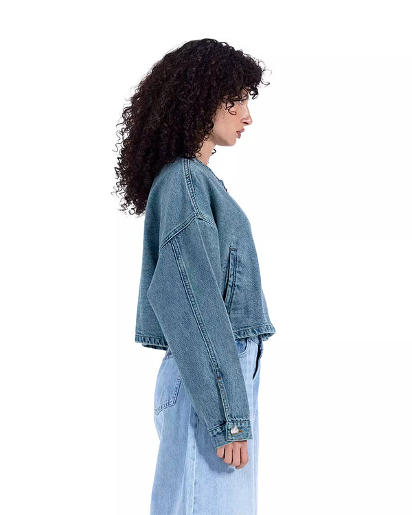 Cropped Bomber Denim Jacket In Sky Blue