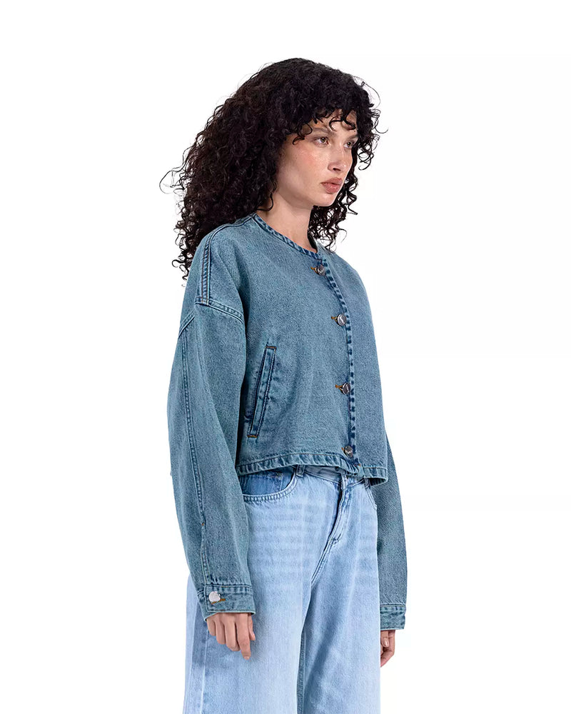 Cropped Bomber Denim Jacket In Sky Blue