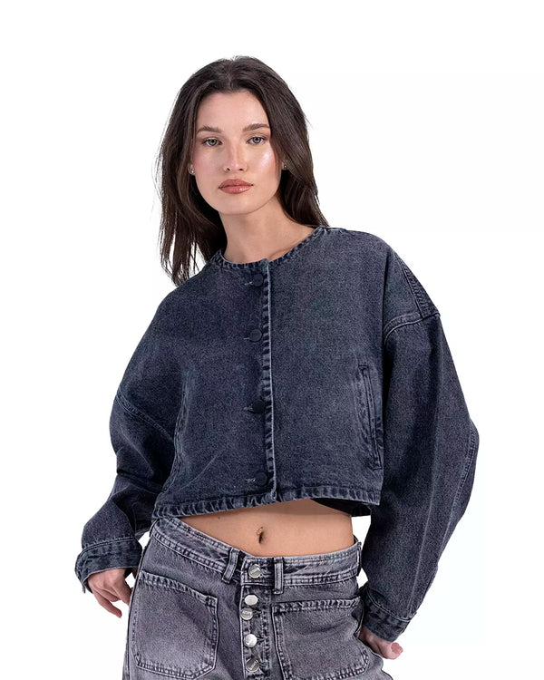 Cropped Bomber Denim Jacket In charcoal