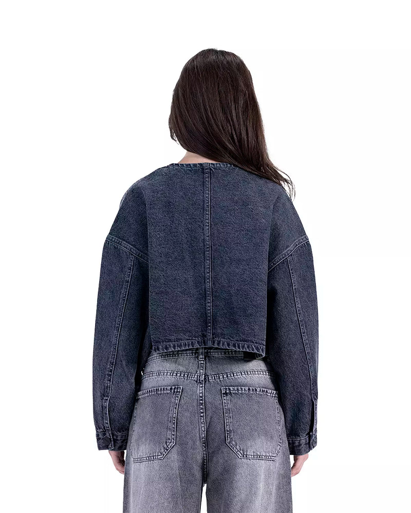Cropped Bomber Denim Jacket In charcoal