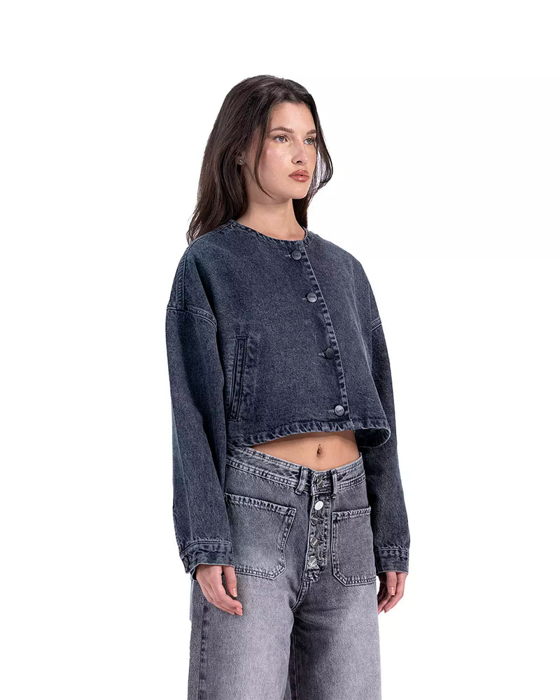 Cropped Bomber Denim Jacket In charcoal